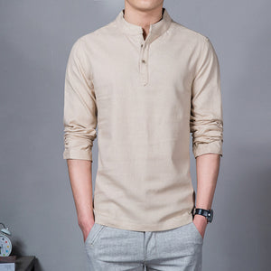 Sinicism Store Cotton Linen Men Shirts Man Long Sleeve Solid Color Stand Collar Chinese Clothes Male Big Size Casual Shirts