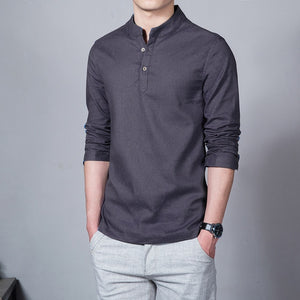 Sinicism Store Cotton Linen Men Shirts Man Long Sleeve Solid Color Stand Collar Chinese Clothes Male Big Size Casual Shirts