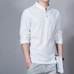 Sinicism Store Cotton Linen Men Shirts Man Long Sleeve Solid Color Stand Collar Chinese Clothes Male Big Size Casual Shirts